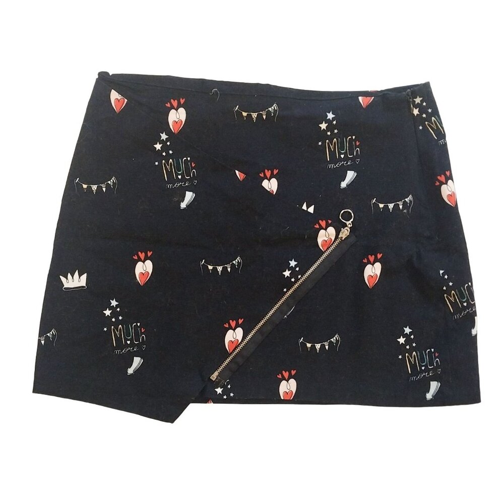 Zara Trafaluc Collection Navy Blue Mini Skirt With Heart & Text Print Size M